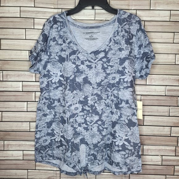 New Sweatshirt Project Women's Small Shirt Blue Floral Blouse Short Sleeve Top‎ - Picture 1 of 13